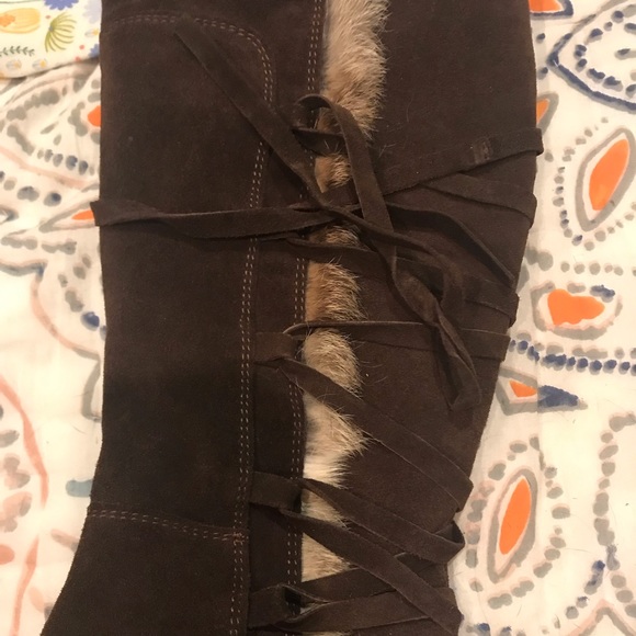 Dark Brown Suede Slouchy Winter Boots, Fur - Picture 2 of 6